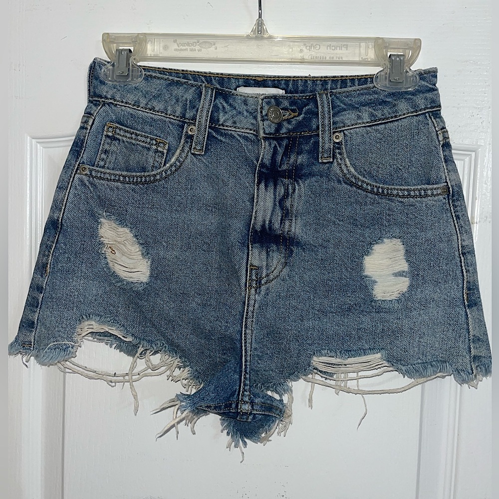 Forever21 High Rise Distressed Medium Wash Denim Shorts — 24